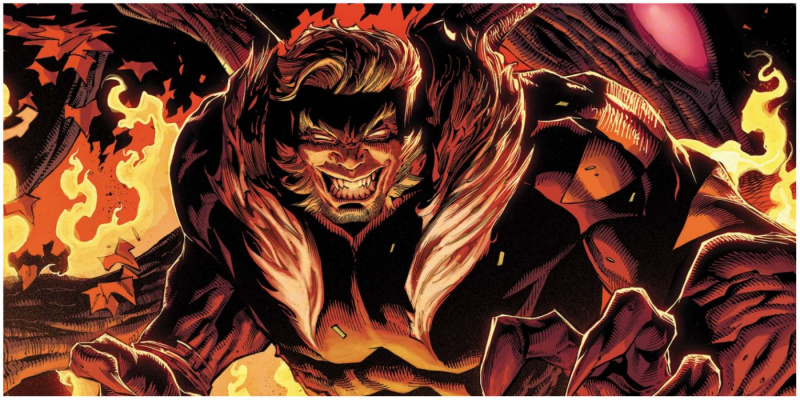   Sabretooth-Smiling ล้อมรอบด้วยเปลวเพลิงใน Marvel-Comics