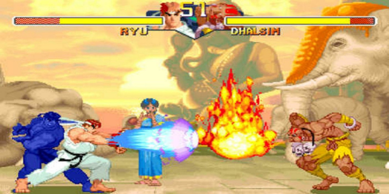   Ryu يطلق النار على Hadouken في Dhalsim's fireball in Street Fighter Alpha Anthology
