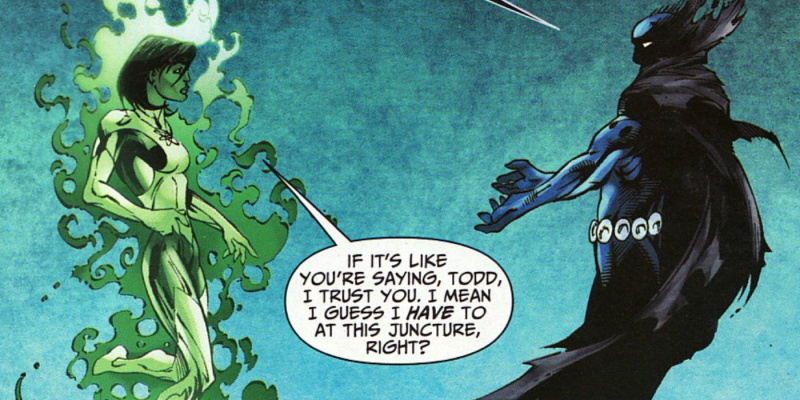   मार्वल कॉमिक्स में क्विकसिल्वर और स्कारलेट विच पूर्णिमा के सामने खड़े हैं' Jade and Obsidian hovering in the sky and talking
