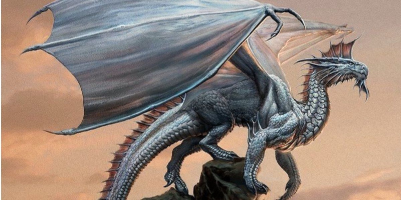   Stříbrný drak posazený na skále v Dungeons & Dragons
