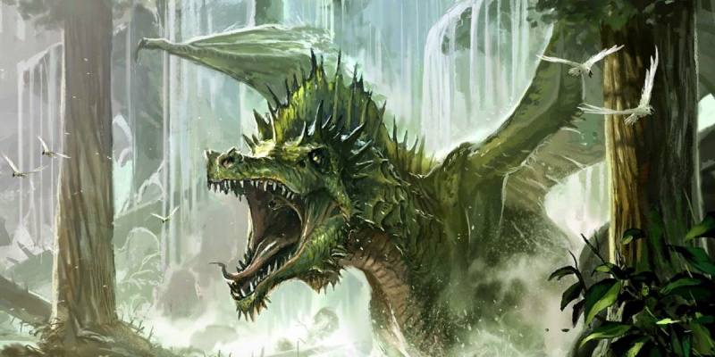   Zelený drak se připravuje použít svůj jedovatý dech ve hře Dungeons & Dragons