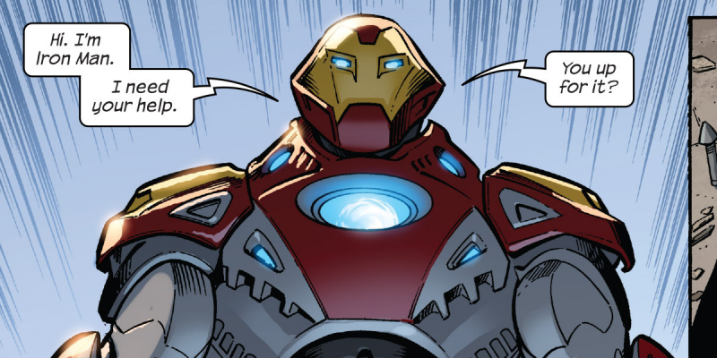   Ultimates-tiimin Iron Man laskeutuu alas ja pyytää apua.