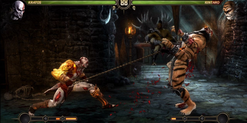   Кратос използва своите остриета на хаоса, за да се бие с Кинтаро в Mortal Kombat (2011)