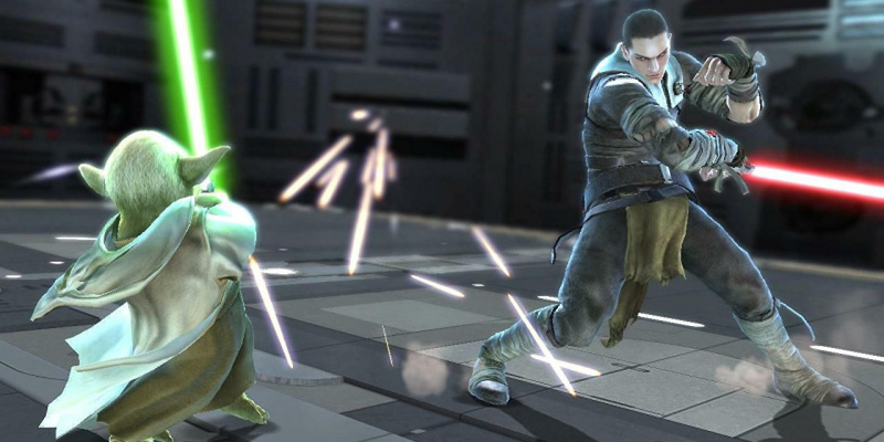   The Apprentice หรือที่รู้จักในนาม Starkiller เตรียมต่อสู้กับ Yoda ใน Soulcalibur IV