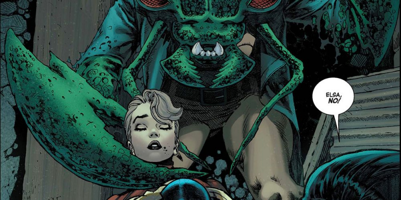   এলসা ব্লাডস্টোন's monster form, about to decapitate Captain Marvel in Marvel Comics