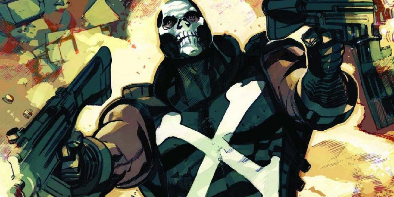   Crossbones menembakkan senjata otomatis di Marvel Comics