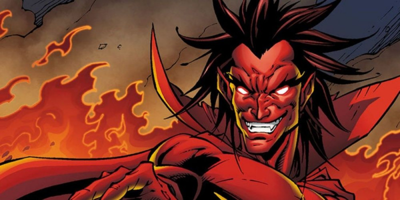   Le démon Mephisto de Marvel Comics sourit d'un air menaçant.