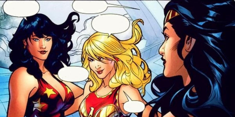   Fra højre mod venstre: Wonder Woman, Wonder Girl (Cassie Sandsmark) og Donna Troy taler med hinanden