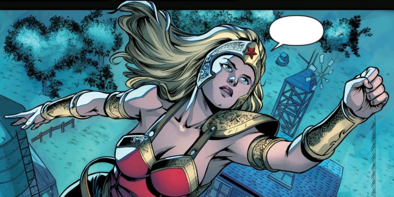   Wonder Girl vliegt de lucht in vanuit Smallville in Injustice