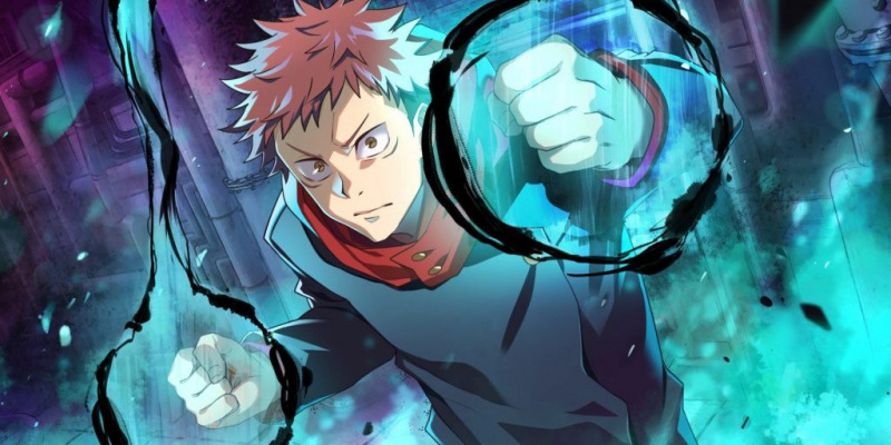   Jujutsu Kaisen's protagonist, Yuji Itadori, stares at the viewer with cursed energy wrapped around his wrists.