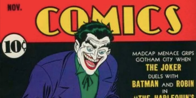   Bill Finger's Golden Age Joker grins on the cover of Detective Comics