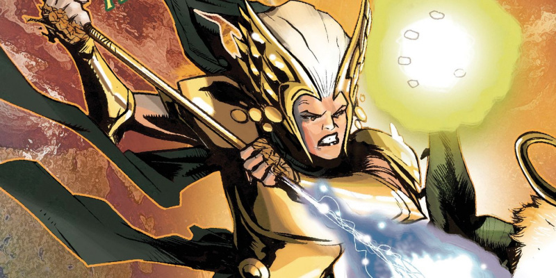   Freyja fra Thor-tegneserien angriber en intetanende fjende med sit spyd.