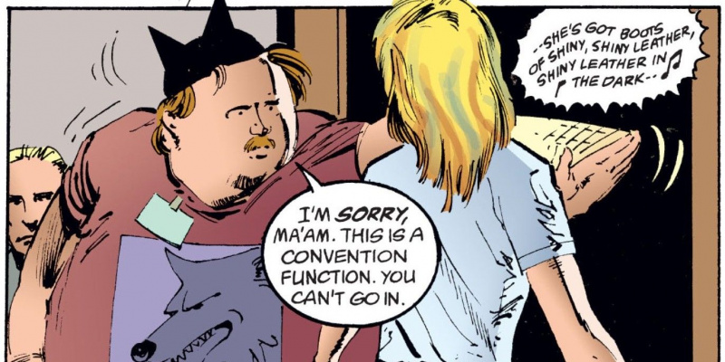   Fun Land в комиксите, облечен с тениска с вълк и диви уши, спирайки руса жена да влезе в конгрес