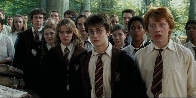   Harry Potteri, Ron Weasley, Hermione Grangeri ja Gryffindori klass vaatavad maagiliste olendite eest hoolitsemise õppetundi Harry Potter