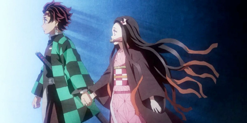   Tanjiro en Nezuko houden elkaars hand vast en lopen vooruit (Demon Slayer)