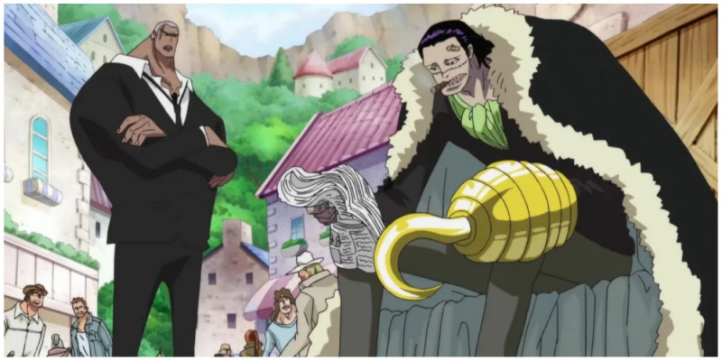 Cá sấu từ One Piece đọc giấy tờ.