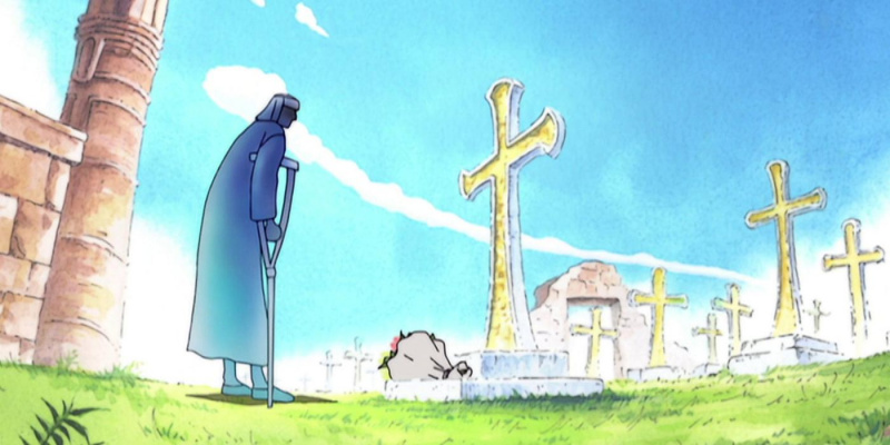   Pell visitant sa tombe dans One Piece.