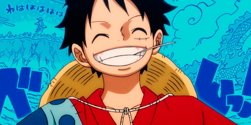   Een stuk's Luffy smiling in front of a blue map.