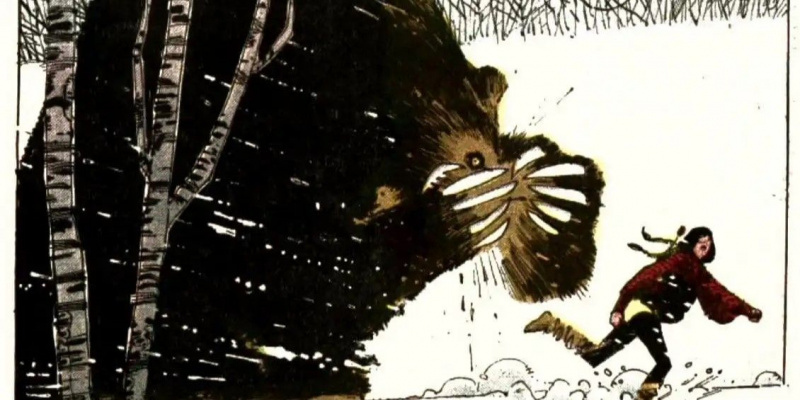   Demonbjörnen förföljer Dani Moonstar mot ett snöigt landskap i Marvel Comics