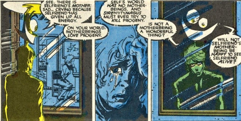   Cypher dan Warlock membincangkan kehilangan dan kematian dalam Marvel Comics