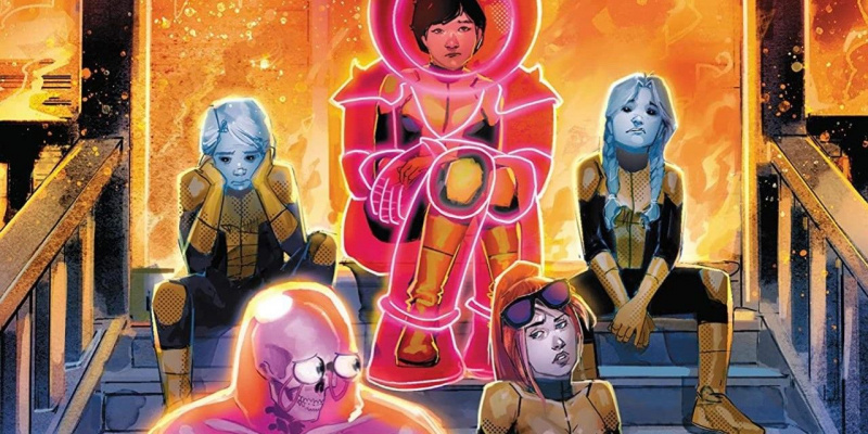   Novi mutanti, uključujući Armora i Globa Hermana, sjede na stepenicama Xavier Academy u Marvel Comicsu