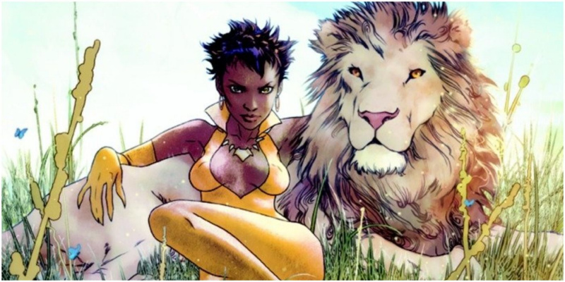   Vixen sitter med en løve i DC Comics.