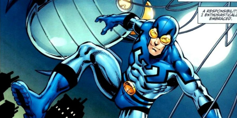   Kumbang Biru Ted Kord melompat keluar dari Bug di DC Comics.