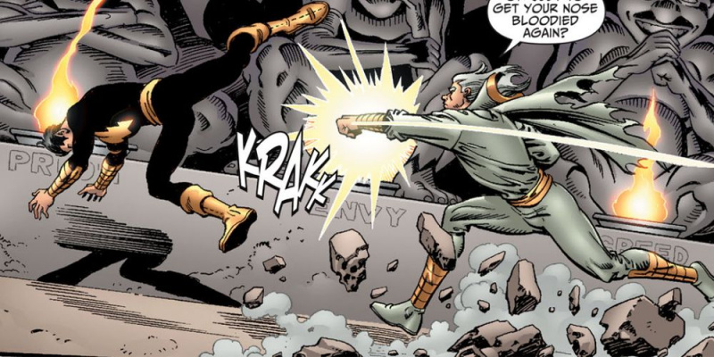 Billy Batson sebagai ahli sihir menumbuk Black Adam dan menghantarnya terbang melintasi ruang