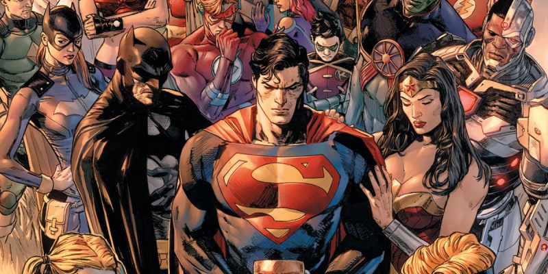   Heroes In Crisis: Batman, Superman, Wonder Woman i més, tots semblant tristos mentre estan de dol.