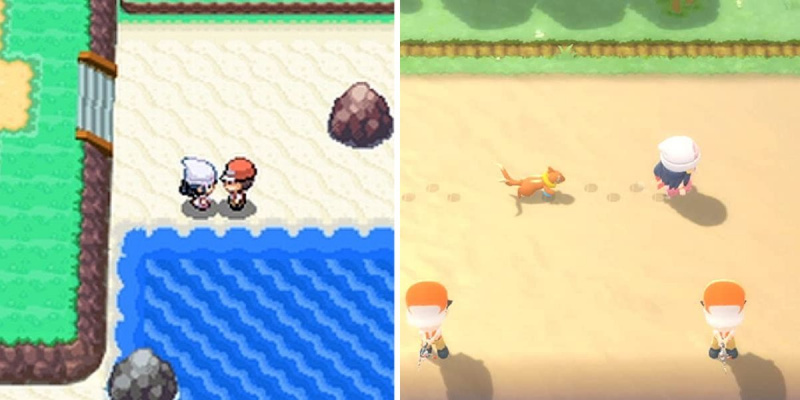   Παίκτης που τρέχει μέσα από μια παραλία σε Pokemon Platinum και Pokemon Brilliant Diamond/Shining Pearl