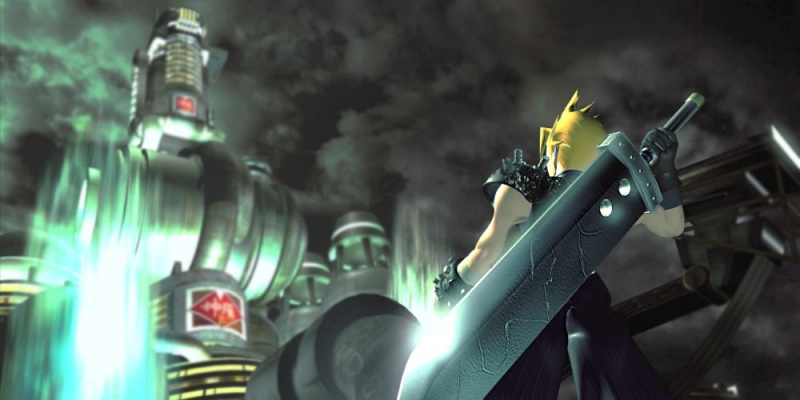   „Cloud Strife“ ikoniškame „Final Fantasy VII“ įvaizdyje.