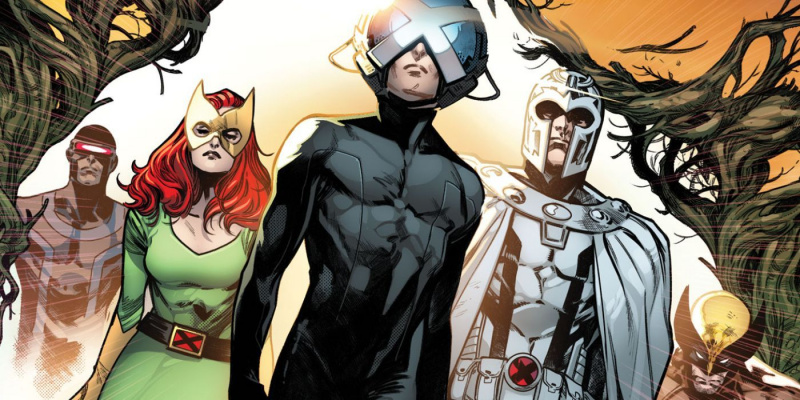   En bild av konst från House of X/Powers of X, föreställande professor X, Magneto och Jean Gray som går genom en Krakoa-port