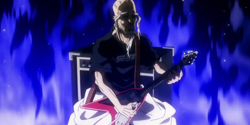   Gakuganji de Jujutsu Kaisen sostenint la seva guitarra.