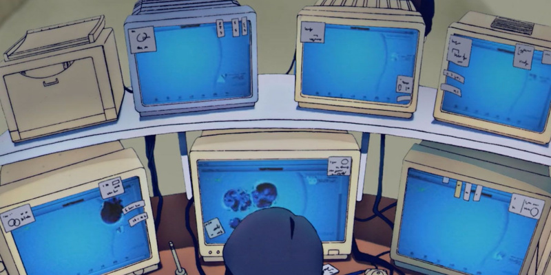   شاشات الكمبيوتر المتعددة في لين's father's office in Serial Experiments Lain.