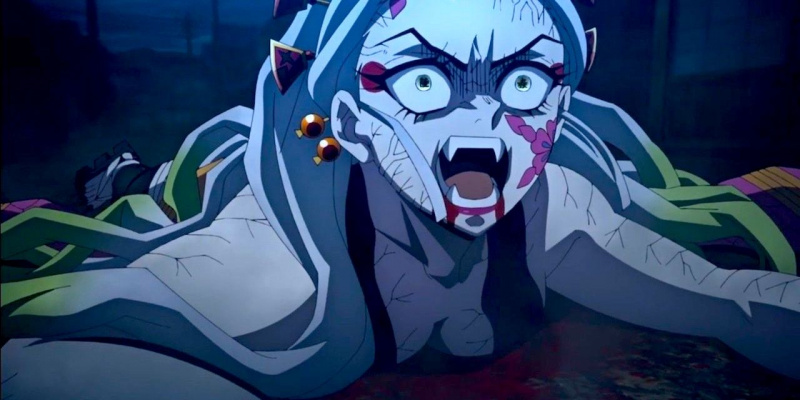   Daki schreeuwt in het gezicht van haar nederlaag in Demon Slayer.