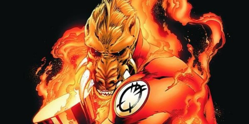   Isang imahe ng orange Lantern, Larfleeze, na nakakapit sa kanyang power battery sa DC Comics