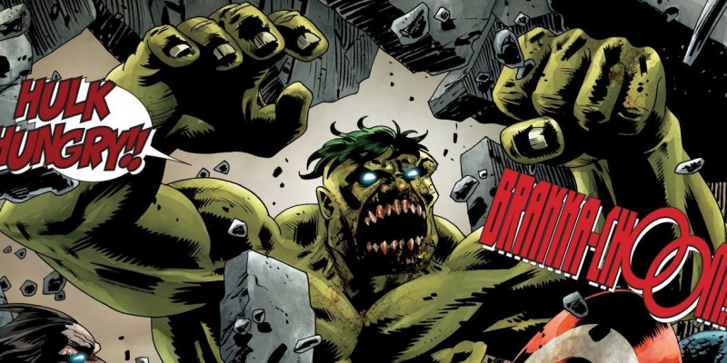   Zombie Hulk u borbi protiv Kapetana Amerike i Zombie Wolverinea iz stripova.