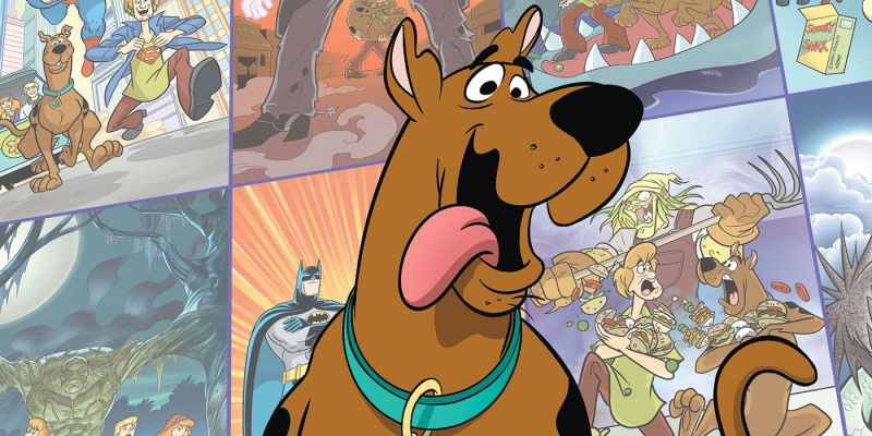 Desene animat fericit Scooby Doo cu un colaj de scene din episoadele trecute în fundal
