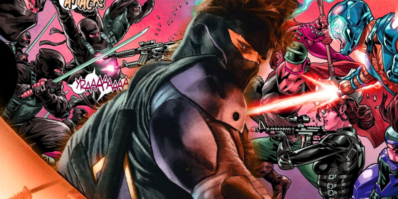   Доблестни комикси' superhero Ninjak in the foreground, while ninjas and other Valiant Comics heroes battle in the background