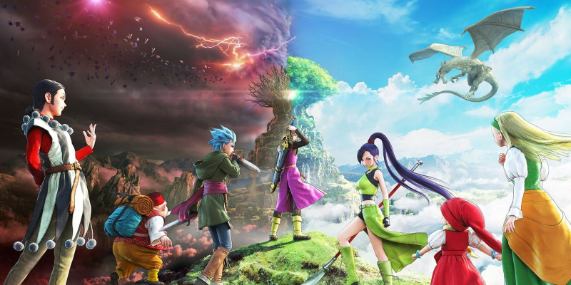   Dragon Quest XI's entire main cast looking at two different versions of the world--one destroyed, one in perfect shape.