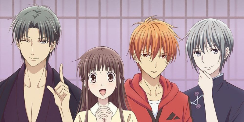   Tohru Honda, Shigure Souma, Kyo Souma ja Yuki Souma Fruits Basket -animessa.