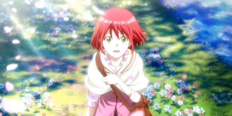   Širayuki smaida un skatās augšup uz debesīm ziedu laukā Sniegbaltītē ar sarkaniem matiem.