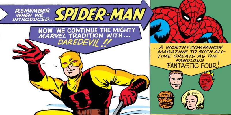   Isang imahe ng Daredevil In Yellow Costume na may mga bust ng Fantastic Four at Spider-Man sa sulok