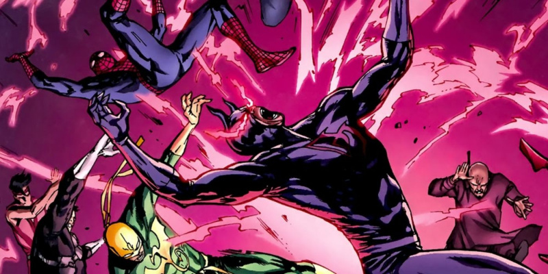   O Demolidor possuído pela Besta da Mão explodindo por baixo do Homem-Aranha, Punho de Ferro, Shang-Chi e o Justiceiro enquanto Mestre Izo observa