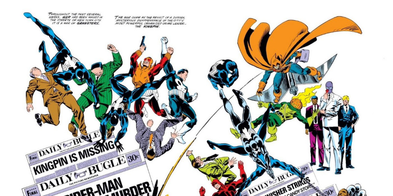   montage ng Spider-Man na nakikipaglaban kay Hammerhead, the Punisher, Jack O'Lantern, Hobgoblin, and the Rose