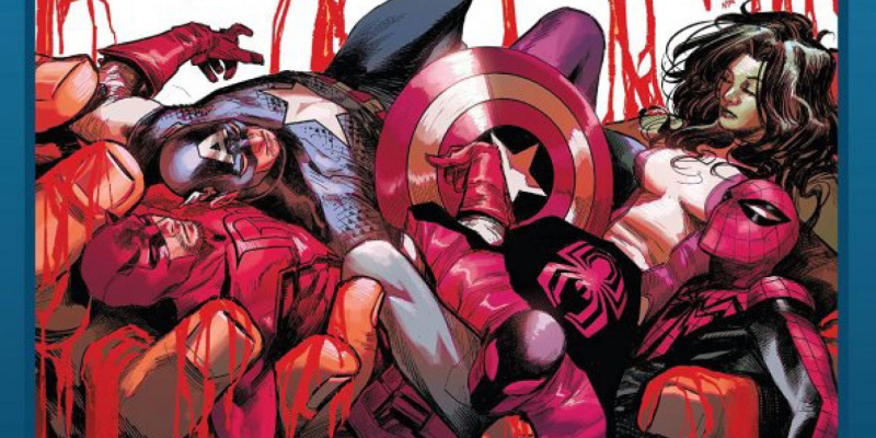   Sagnants cossos derrotats de Daredevil, Capità Amèrica, She-Hulk, Miles Morales i Peter Parker Spider-Man