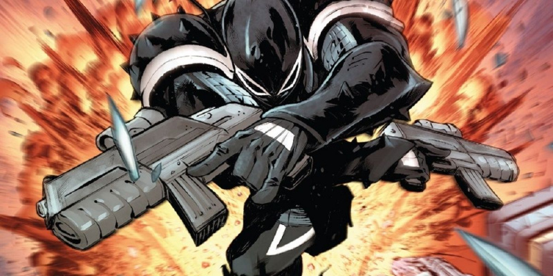   मार्वल कॉमिक्स में एजेंट वेनम एक विस्फोट से दूर छलांग लगा रहा है, उसके हाथों में बंदूकें हैं
