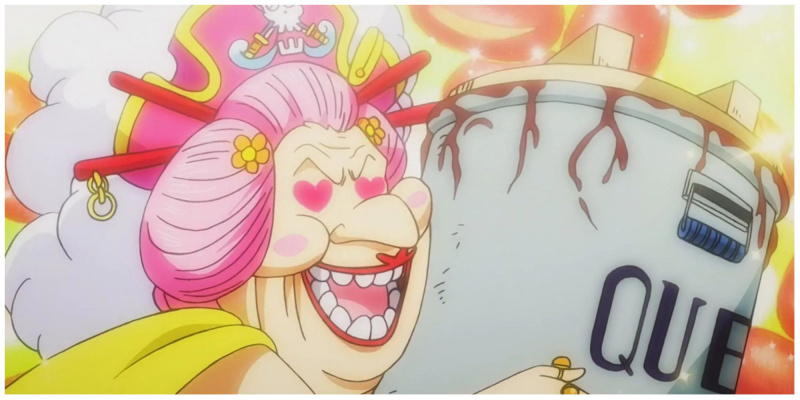   Big Mom pakt een lege soeppan van rode bonen in One Piece.