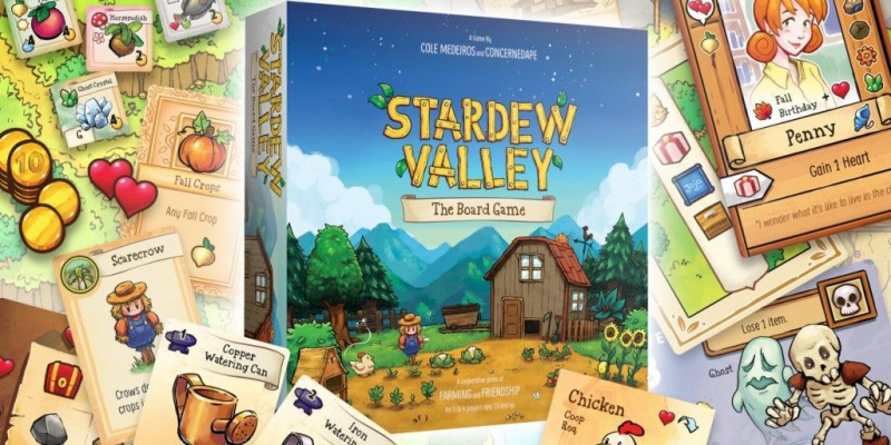   Mainoskuva taiteesta ja komponenteista Stardew Valley: The Board Game -peliin