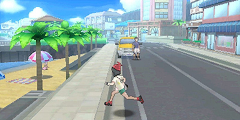   Bohater Pokemon Sun and Moon biegnący w poprzek drogi